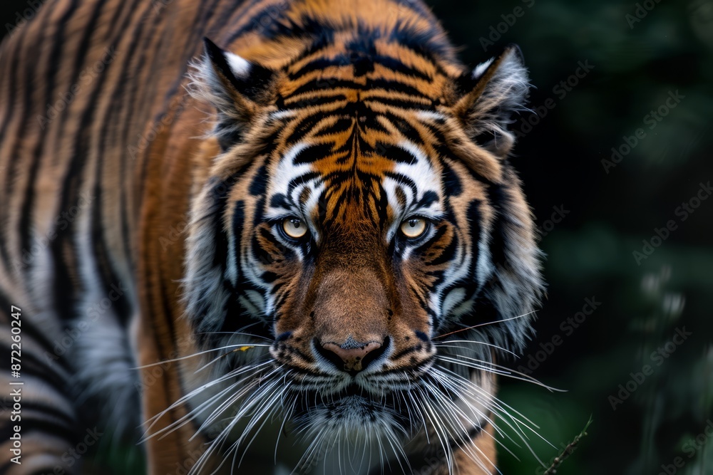 a tiger looking menacing, close up, looking forward a tiger looking menacing, close up, looking forward