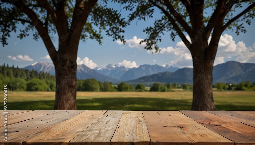 wooden table with a view of blurred Nature Background, For product display template wooden table with a view of blurred Nature Background, For product display template