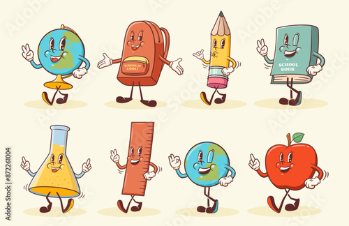 Groovy Back to School Retro Characters Set. Cartoon Pencil, Backpack, Clock, Book and Globe. Vector Education Chemistry Mascot Templates. Happy Vintage Cool Learning Personage Illustrations Isolated