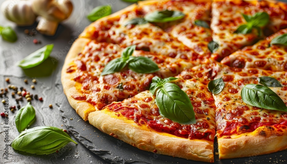Savory close up freshly baked pizza with melted mozzarella, tomato sauce, and basil leaves Savory close up freshly baked pizza with melted mozzarella, tomato sauce, and basil leaves