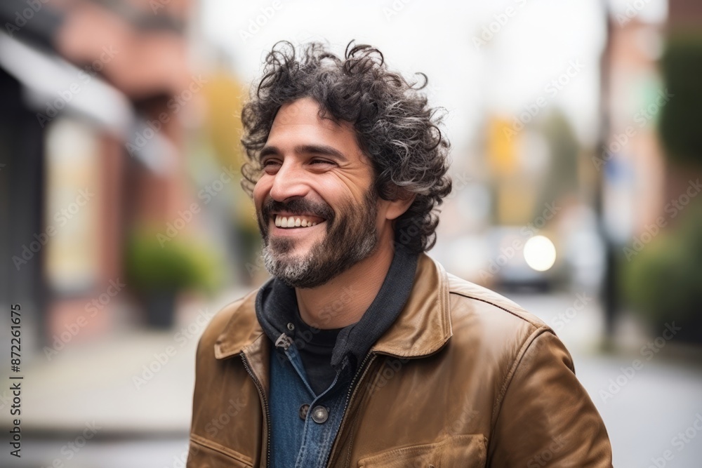 Handsome man with curly hair smiling in a city street. Handsome man with curly hair smiling in a city street.