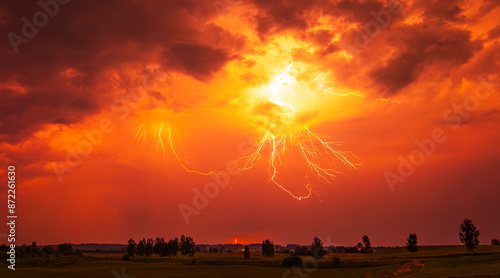 Canvas Print A stunning red sky lightning storm. Climate change concept
