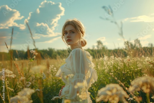 Young fashionable woman standing in meadow