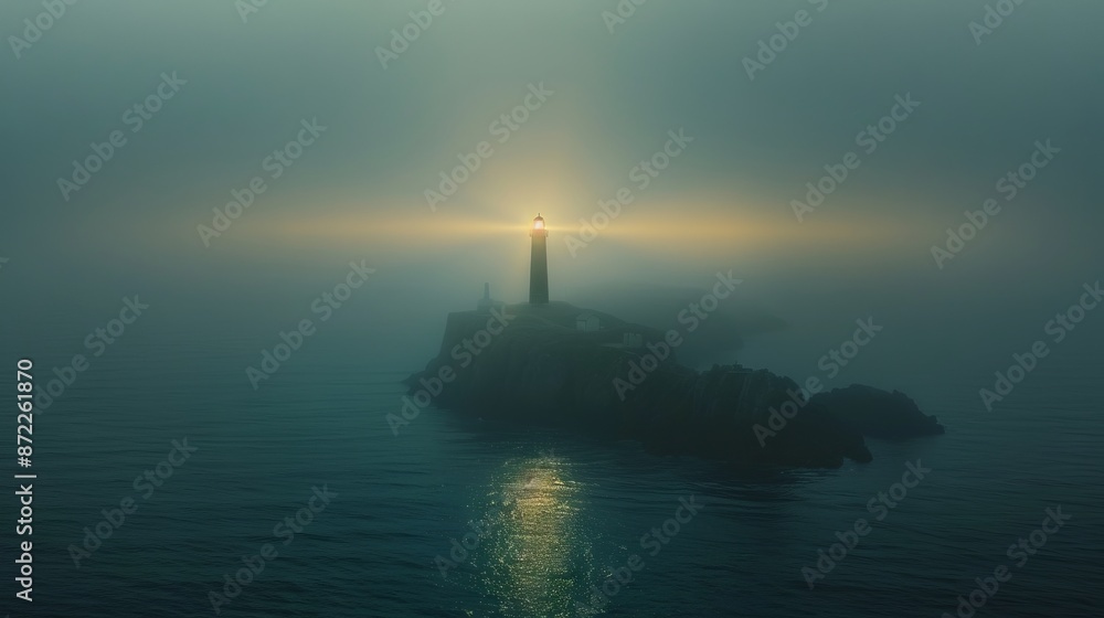 Fototapeta premium Lighthouse in foggy sea. A lone lighthouse stands tall against a backdrop of swirling fog, its beacon piercing through the mist and illuminating the sea.