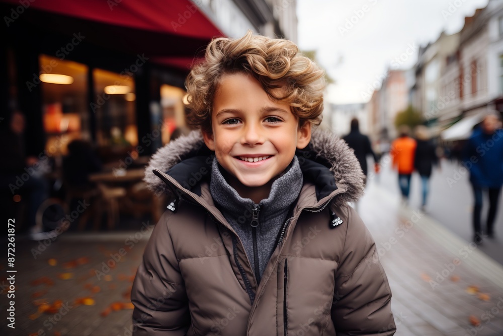 Fototapeta premium Outdoor portrait of cute little boy with blond curly hair, wearing warm coat, looking at camera and smiling.