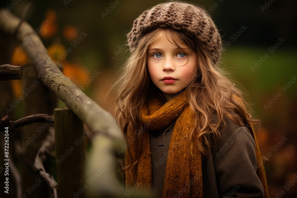 Portrait of a cute little girl in a warm knitted hat and scarf. Autumn fashion. Portrait of a cute little girl in a warm knitted hat and scarf. Autumn fashion.