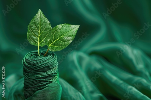 Sustainable fashion symbolized by green leaf on yarn cone. photo