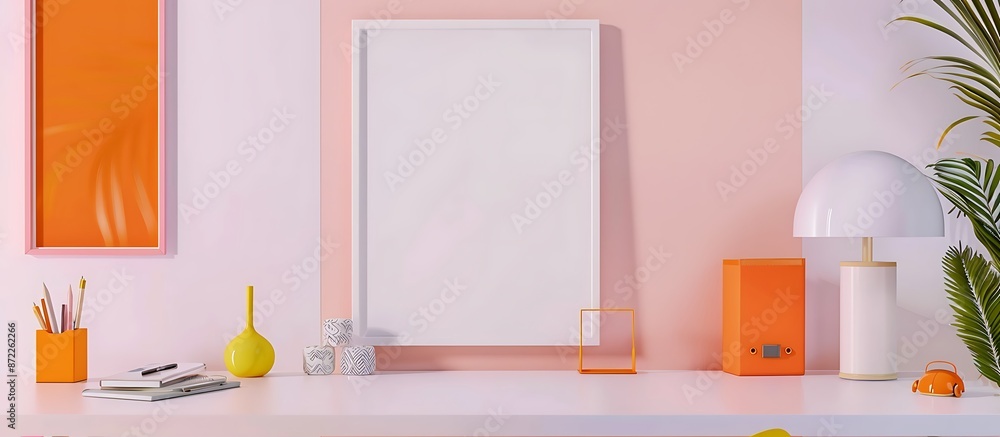 Sleek office setup with a white desk, colorful orange accents, and a blank white frame on a light pink wall in a orientation. Sleek office setup with a white desk, colorful orange accents, and a blank white frame on a light pink wall in a orientation.