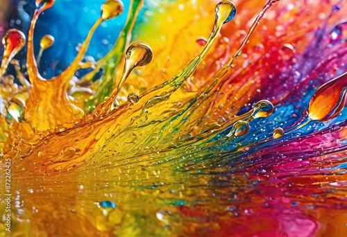 Close-up of bright abstract colorful liquid background with drops, splash and bubbles