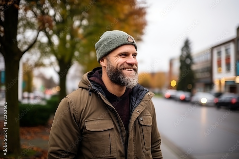 Portrait of a handsome bearded man in the city, wearing a hat. Portrait of a handsome bearded man in the city, wearing a hat.