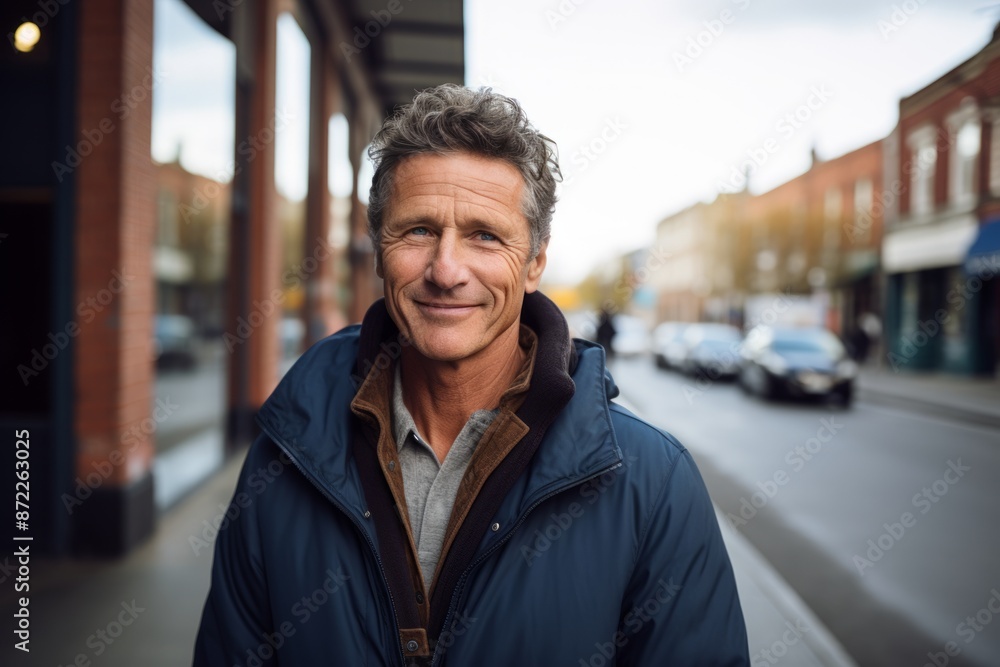 Fototapeta premium Handsome middle-aged man smiling at the camera in a city street.