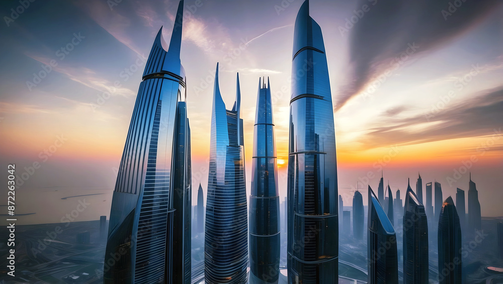 Modern futuristic cityscape at sunset, skyscrapers background, buildings and architecture