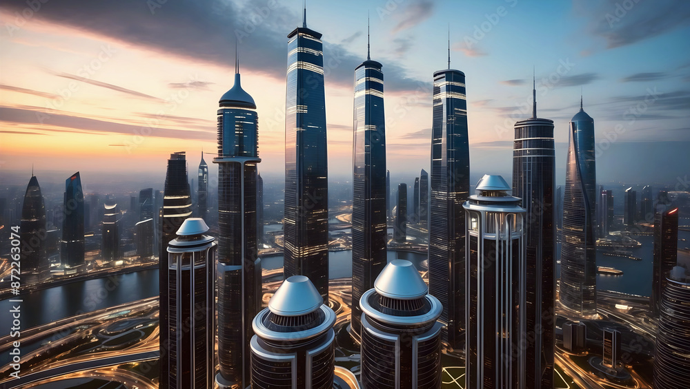 Modern futuristic cityscape at sunset, skyscrapers background, buildings and architecture
