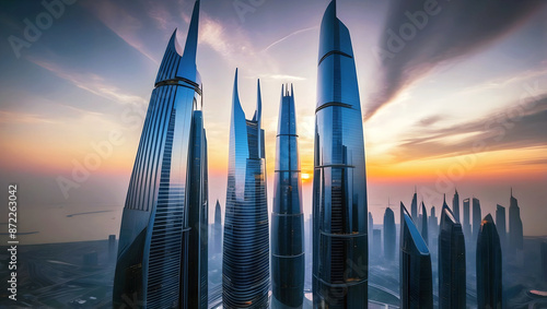 Obraz na płótnie Modern futuristic cityscape at sunset, skyscrapers background, buildings and architecture w salonie