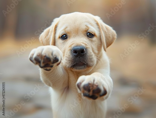 A Labrador puppy with paws raised, looking directly at the camera against a blurred background photo