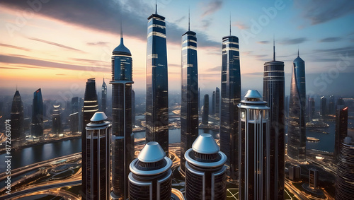 Obraz na płótnie Modern futuristic cityscape at sunset, skyscrapers background, buildings and architecture w salonie