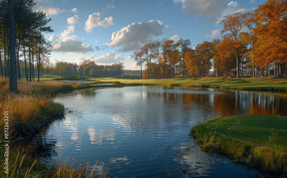 A serene lake with a golf course in the background. The water is calm and the sky is cloudy A serene lake with a golf course in the background. The water is calm and the sky is cloudy