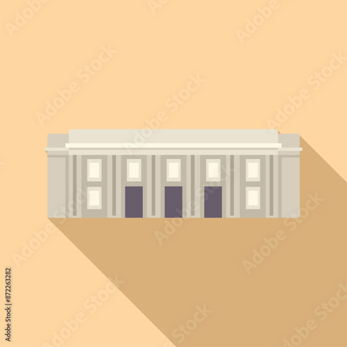 Government building exterior with columns casting a long shadow on the ground