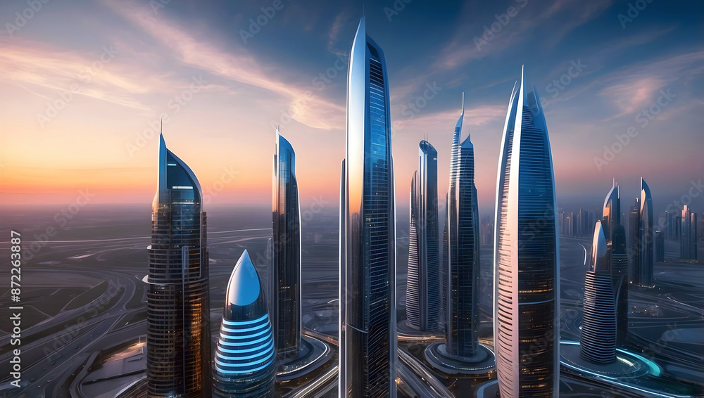 Modern futuristic cityscape at sunset, skyscrapers background, buildings and architecture