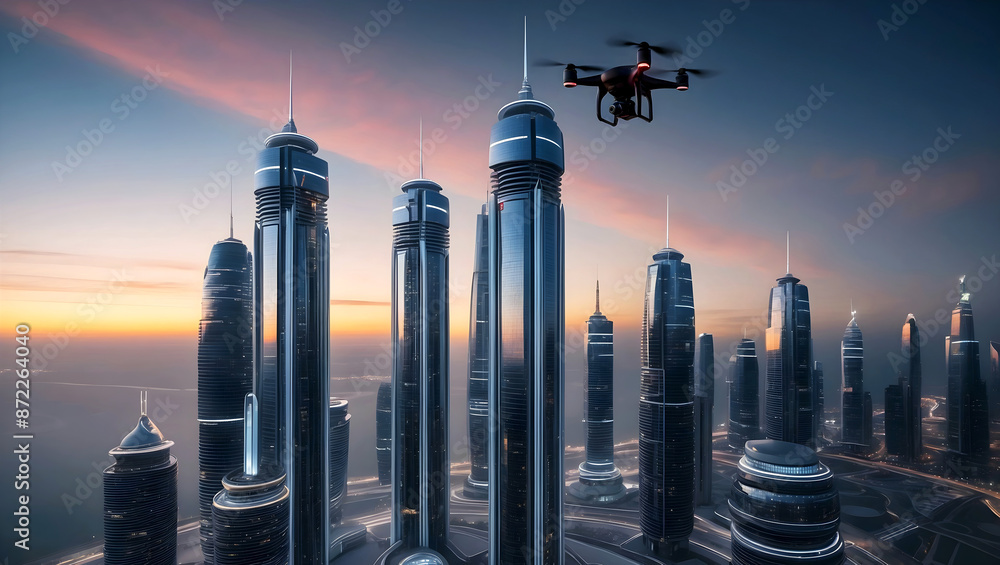 Modern futuristic cityscape at sunset, skyscrapers background, buildings and architecture