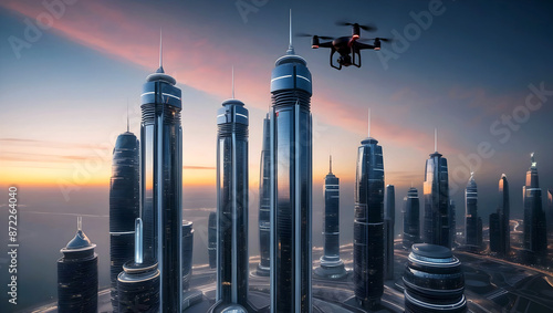 Obraz na płótnie Modern futuristic cityscape at sunset, skyscrapers background, buildings and architecture w salonie