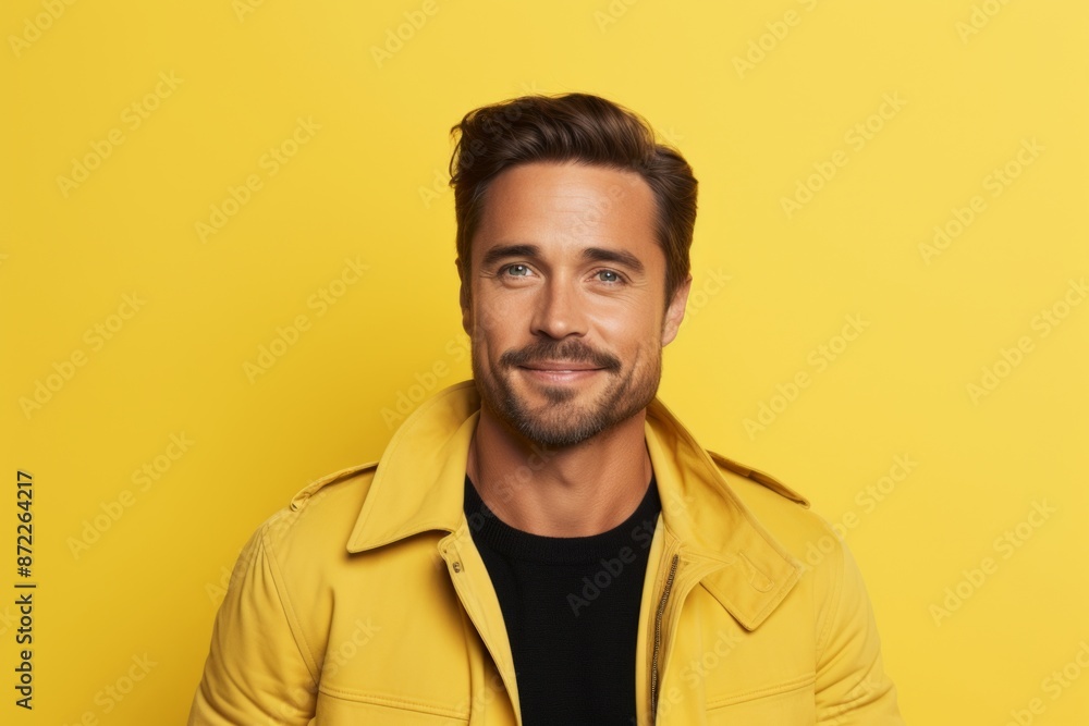 Smiling handsome man in yellow jacket looking at camera. Yellow background Smiling handsome man in yellow jacket looking at camera. Yellow background