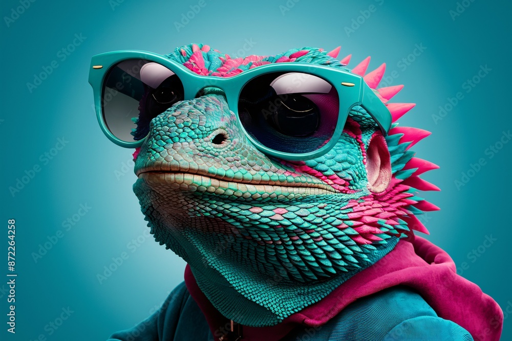 This is an image of a stylish chameleon wearing sunglasses.
This is an image of a stylish chameleon wearing sunglasses.