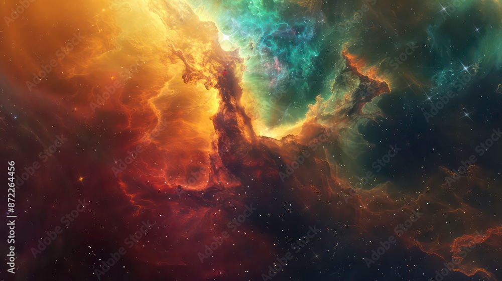 Fototapeta premium Digital artwork of a colorful nebula in a surreal cosmic setting. Generative AI