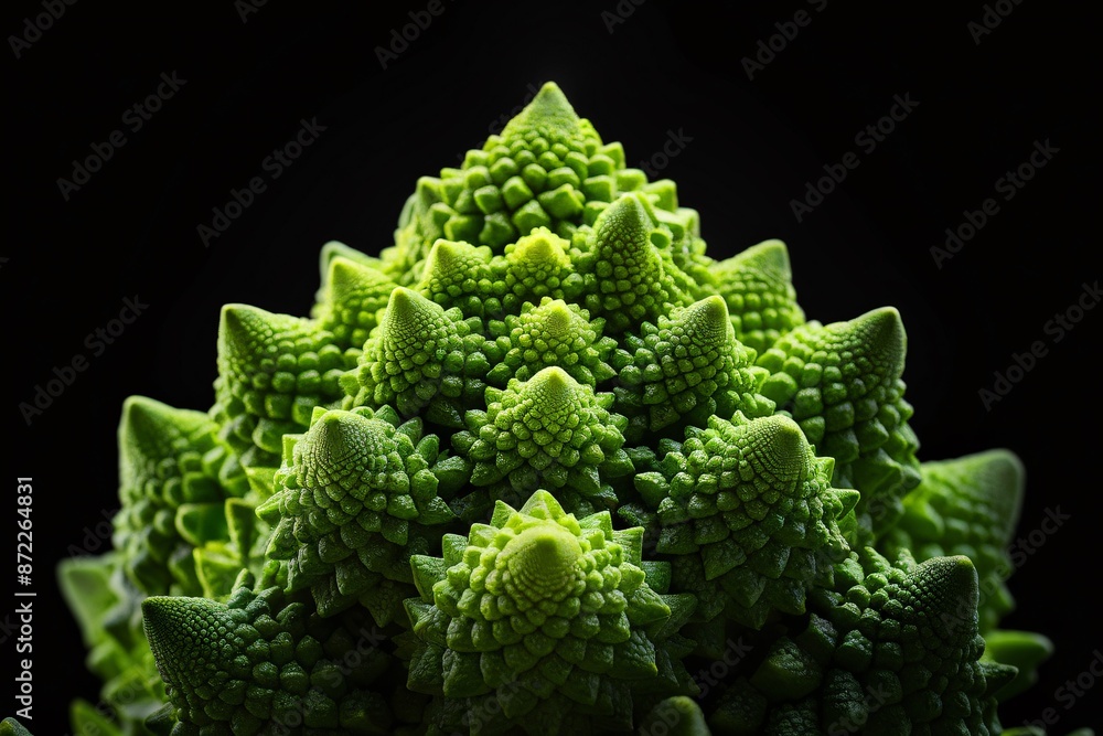 This is an up-close image of a green Romanesco broccoli head against a black background.
This is an up-close image of a green Romanesco broccoli head against a black background.