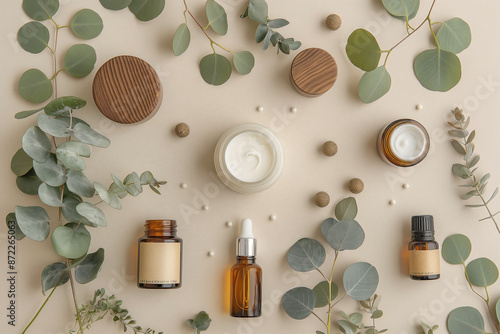 A flat lay composition featuring natural organic cosmetic products on a beige background.
