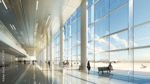 airport terminal with vast energy-efficient glass walls that provide passengers with expansive views while maintaining optimal indoor climate control