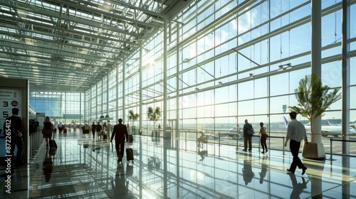 airport terminal with vast energy-efficient glass walls that provide passengers with expansive views while maintaining optimal indoor climate control