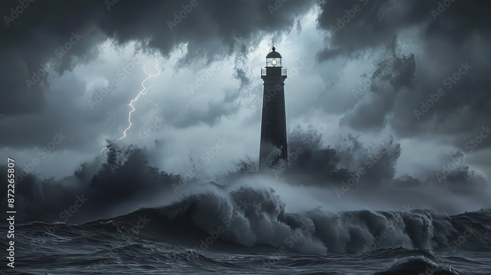 Lighthouse Standing Tall Against Stormy Sea with Lightning Lighthouse Standing Tall Against Stormy Sea with Lightning
