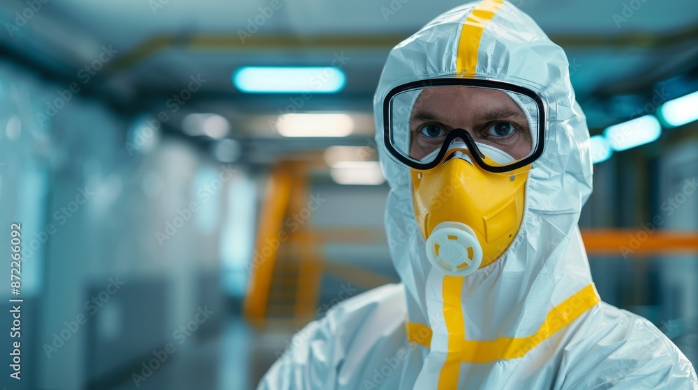 Man in Hazmat Suit Looking at Camera Man in Hazmat Suit Looking at Camera