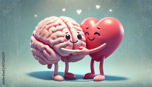 Animated brain character hugging a heart character with smiling faces and hearts floating above them, concept for mental health care	