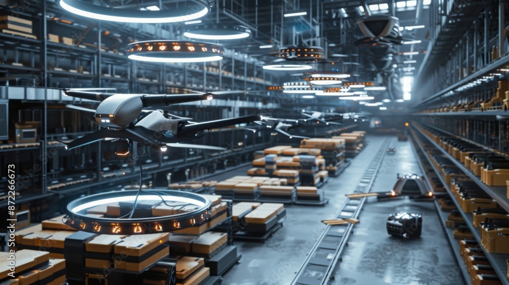 Obraz premium A futuristic warehouse with drones flying between shelves, transporting packages. The facility is brightly lit and features a conveyor belt system for efficient delivery.