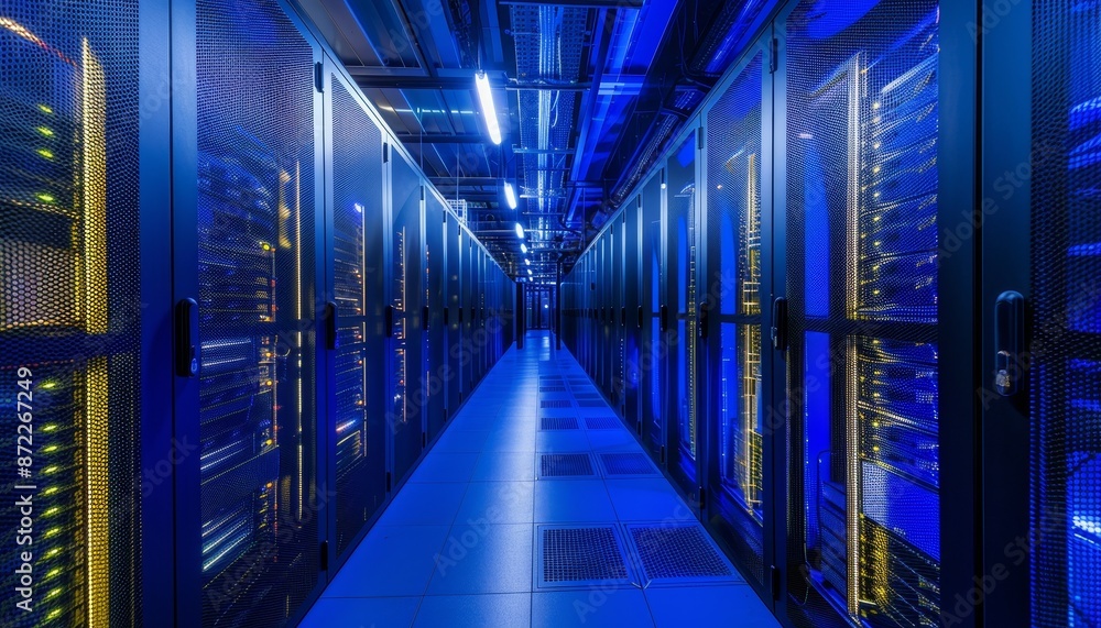 Server Room Corridor - Network Infrastructure - Data Center - Technology - Blue Lights Server Room Corridor - Network Infrastructure - Data Center - Technology - Blue Lights