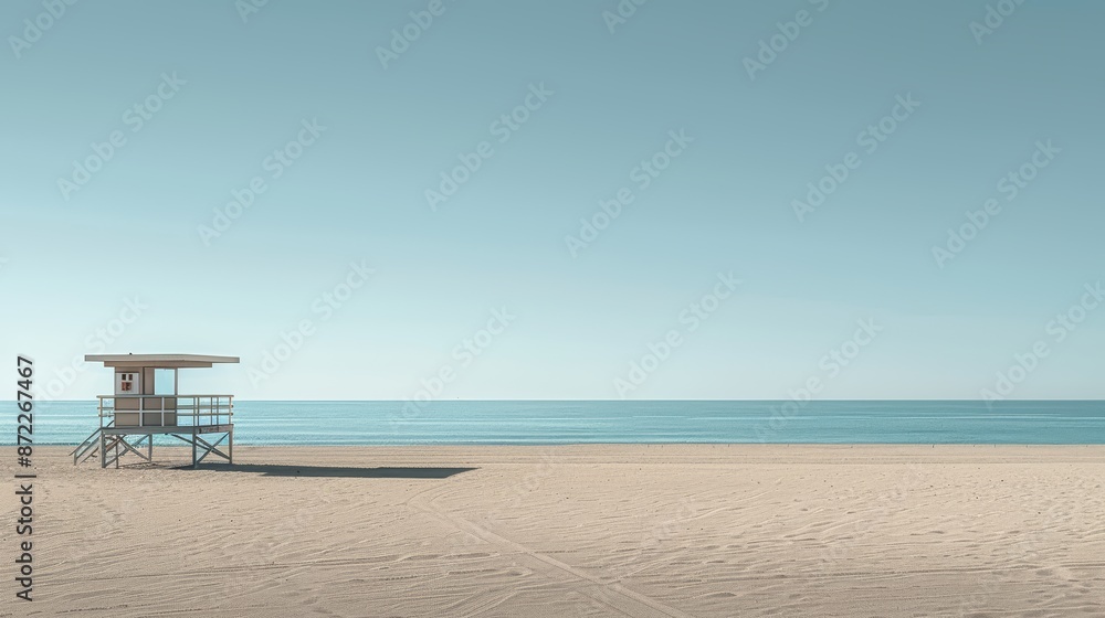 A vacant city beach, with empty lifeguard towers and undisturbed sand A vacant city beach, with empty lifeguard towers and undisturbed sand