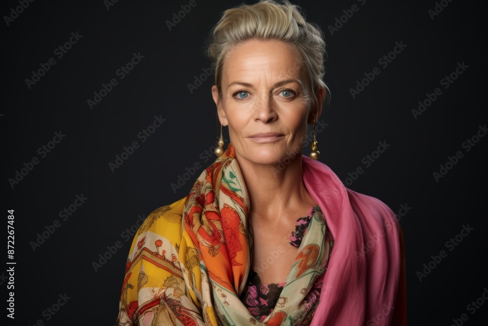 Portrait of a beautiful middle aged woman with short blond hair and colorful scarf. Portrait of a beautiful middle aged woman with short blond hair and colorful scarf.