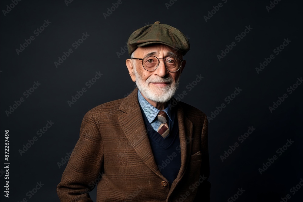 Portrait of a senior asian man wearing a beret and glasses.