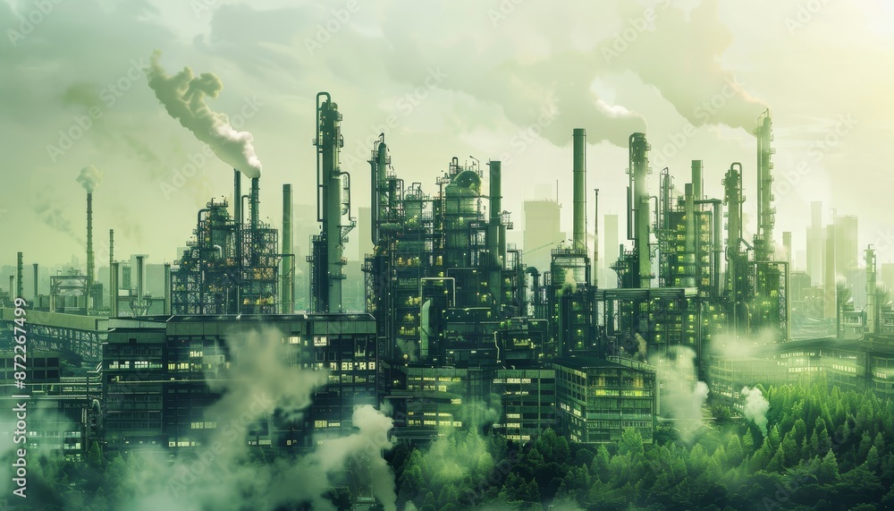 Fototapeta premium Smog-Filled Sunset Over Industrial Complex
