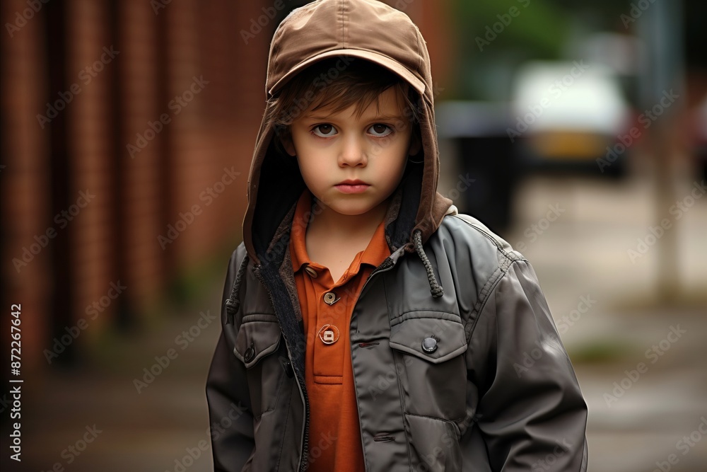 Portrait of a little boy in a brown jacket on the street Portrait of a little boy in a brown jacket on the street