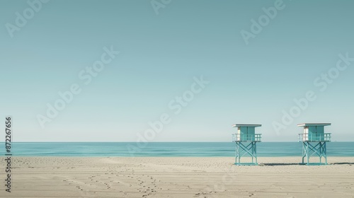 A vacant city beach, with empty lifeguard towers and undisturbed sand