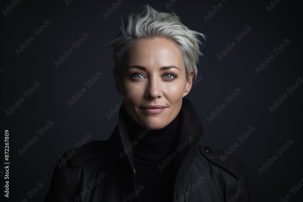 Portrait of a beautiful woman in a black coat on a dark background Portrait of a beautiful woman in a black coat on a dark background