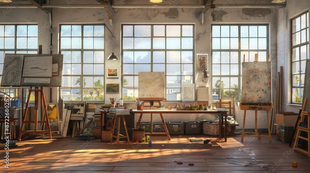 art studio with north-facing energy-efficient windows that provide consistent, indirect natural light, ideal for artists working in various mediums art studio with north-facing energy-efficient windows that provide consistent, indirect natural light, ideal for artists working in various mediums