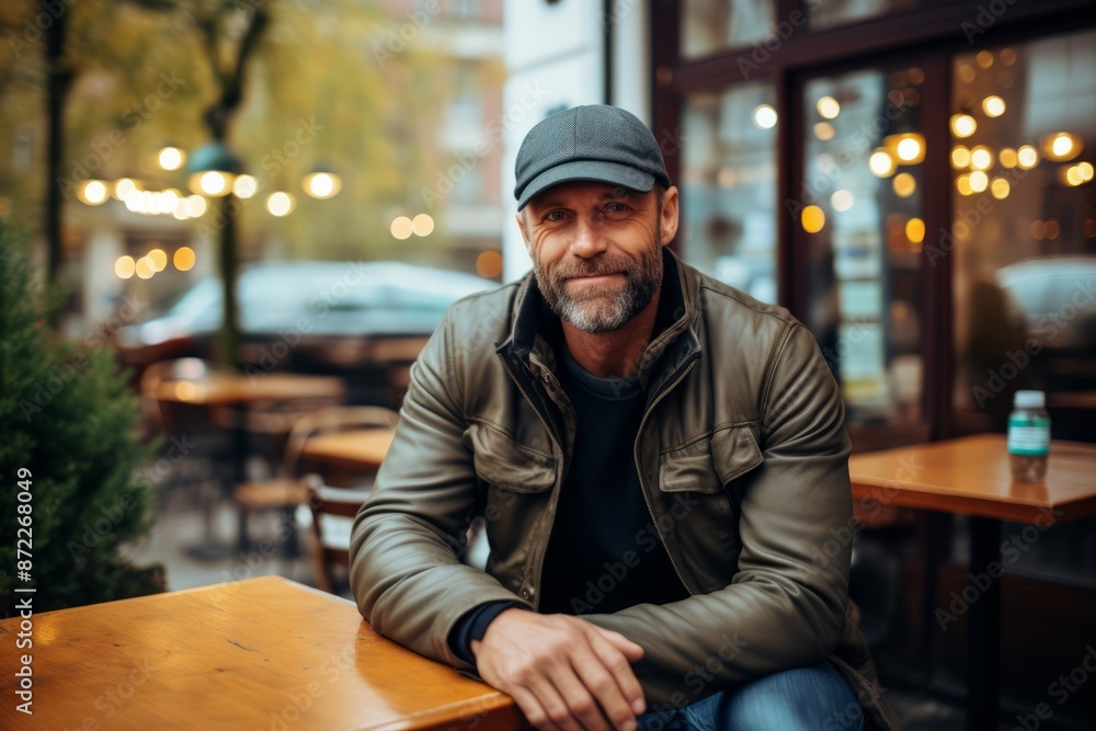 Handsome mature man sitting in a coffee shop, wearing a cap and jacket. Handsome mature man sitting in a coffee shop, wearing a cap and jacket.