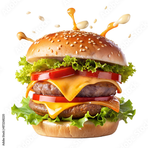 floating hamburger with meat, cheese, tomatoes, lettuce, and a splash of sauce isolated on transparent PNG