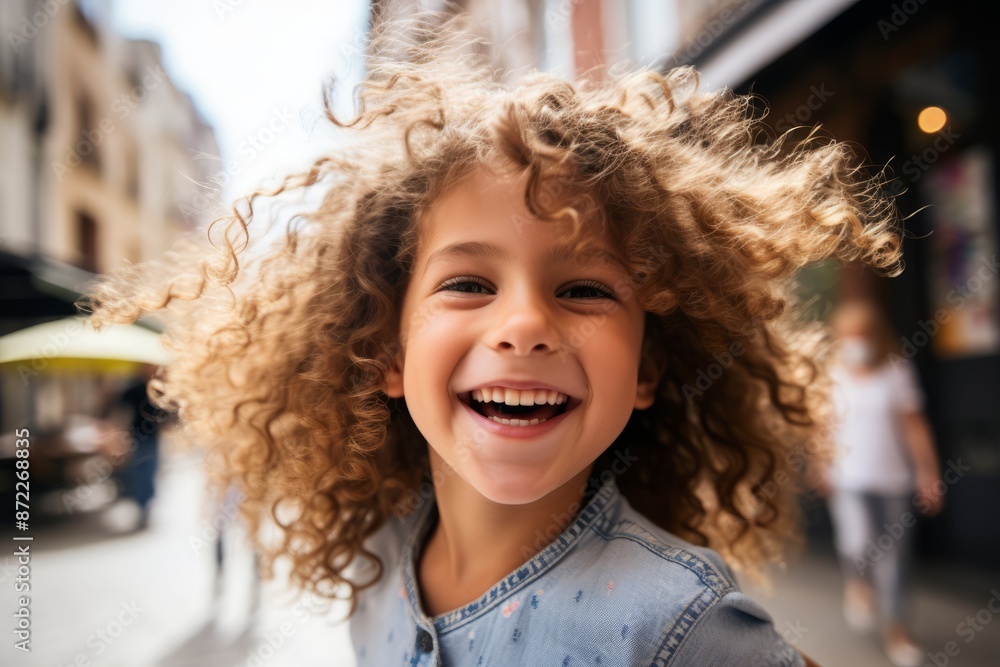 Portrait of a smiling little girl with curly hair in the city Portrait of a smiling little girl with curly hair in the city