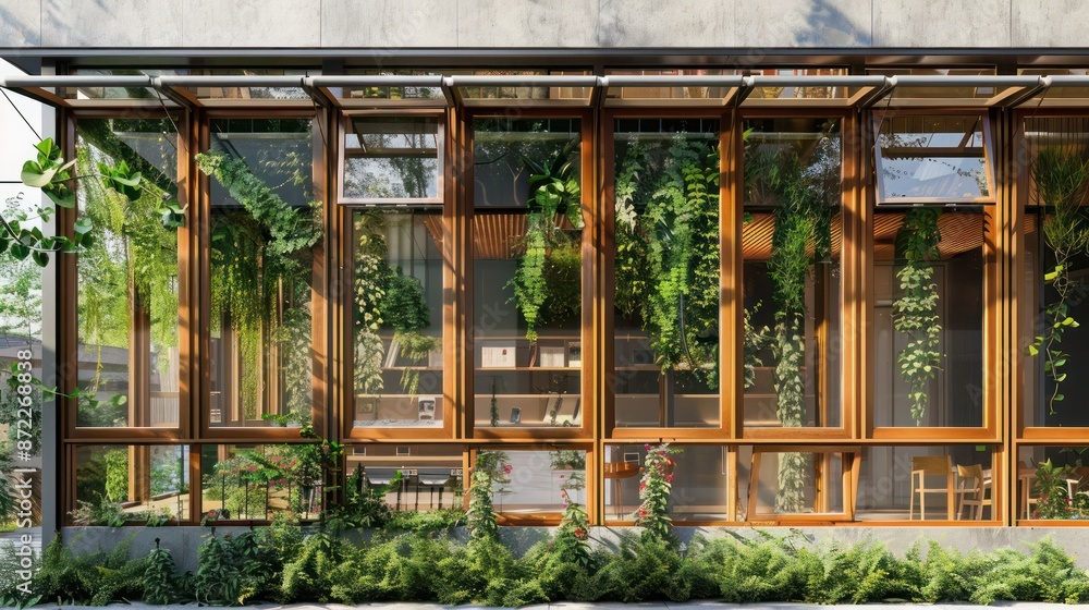 eco-friendly design studio with a facade of energy-efficient windows that reduce the need for artificial heating and cooling, showcasing sustainability in architecture eco-friendly design studio with a facade of energy-efficient windows that reduce the need for artificial heating and cooling, showcasing sustainability in architecture