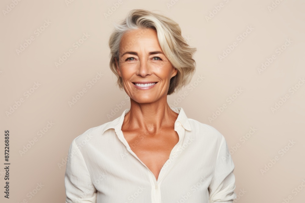 Portrait of a happy senior woman smiling at the camera against beige background Portrait of a happy senior woman smiling at the camera against beige background